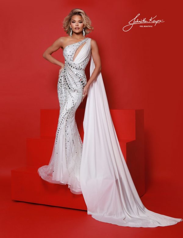 White one-shoulder gown with cutout and beaded draping – Floor-length pageant gown with rhinestone accents and flowing chiffon cape, ideal for national competitions and crowning moments.